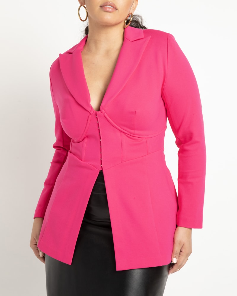 Front of a model wearing a size 22 Corset Blazer in Hot Pink by ELOQUII. | dia_product_style_image_id:272675